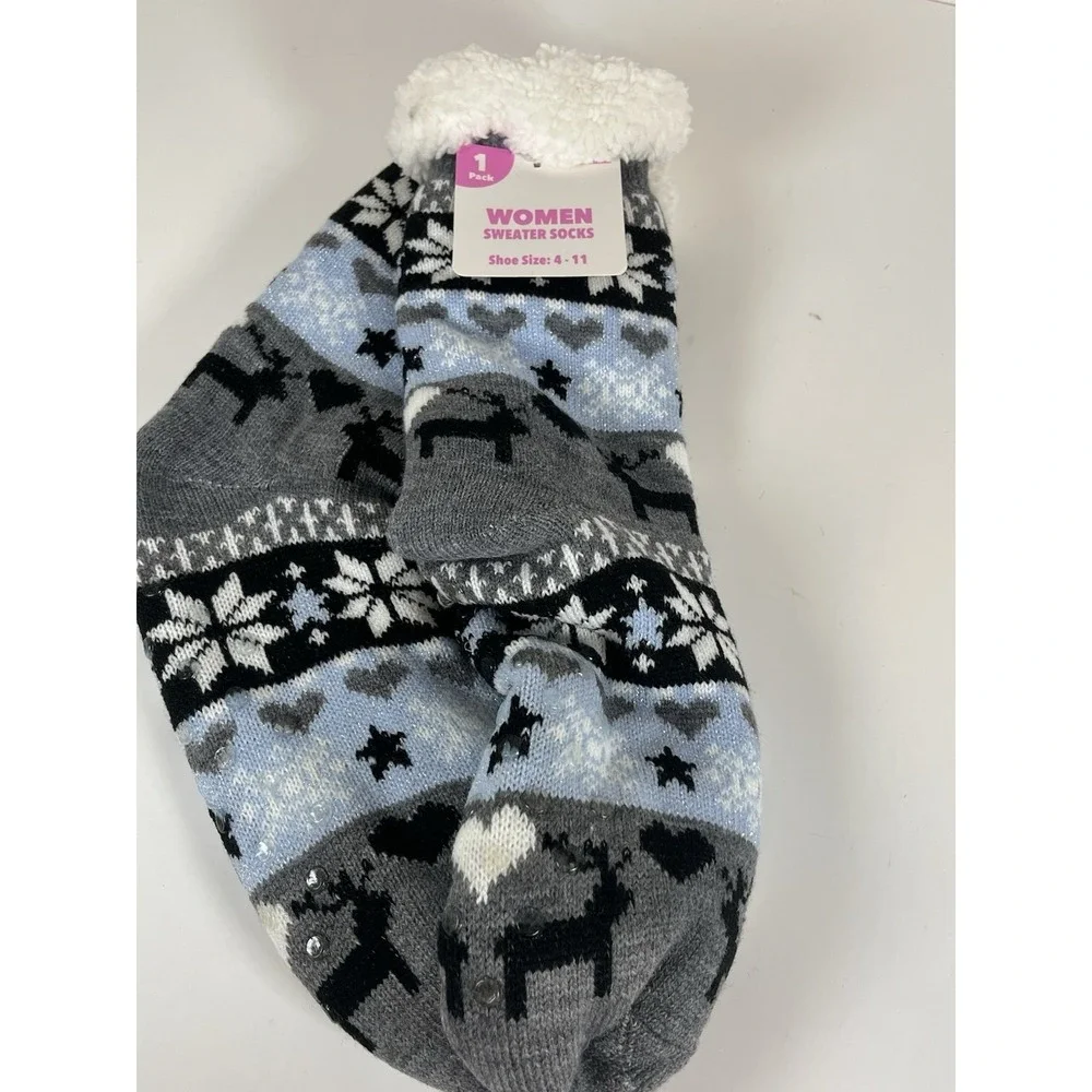 Women's Cozy Knit Sweater Socks Grey Light‎ Blue Size 4–11 NEW